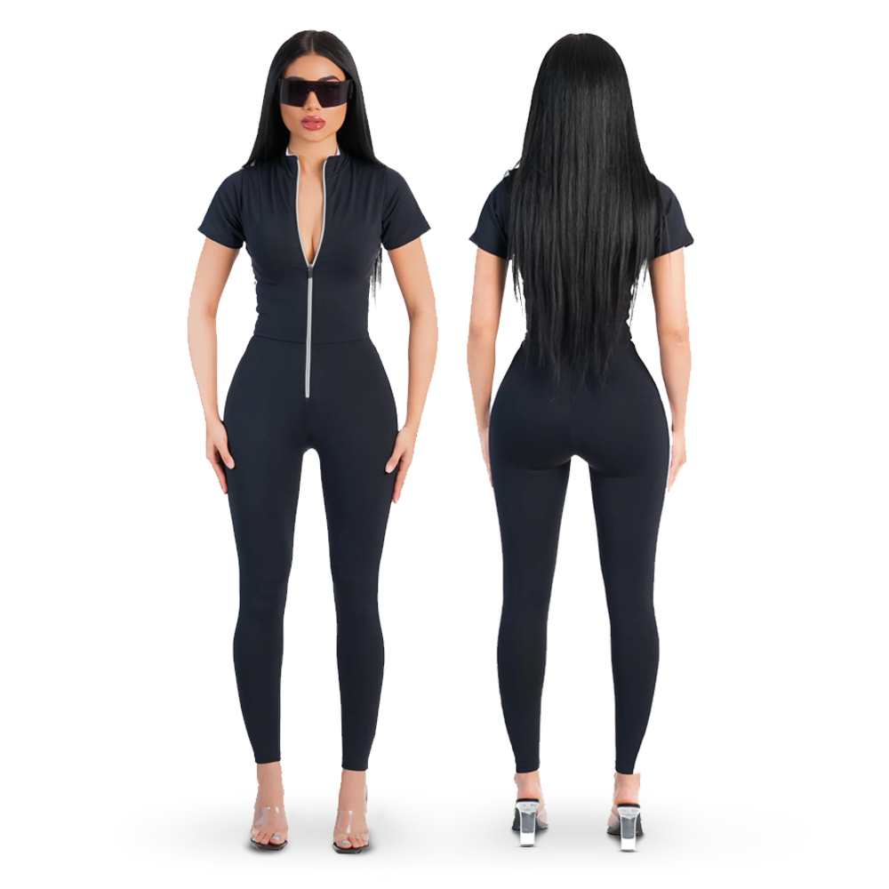 Sculpting Jumpsuit Short Sleeve w/ Reflective Zipper - White/ Black