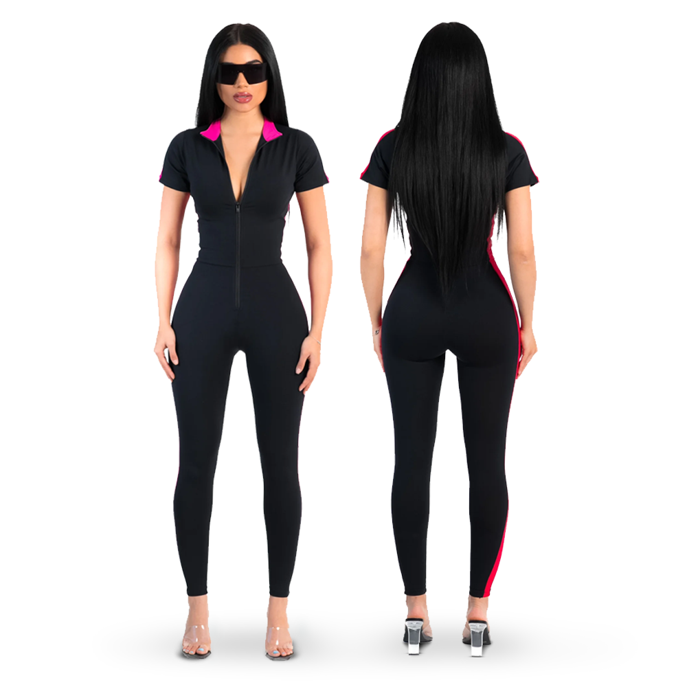 Sculpting Jumpsuit Short Sleeve - Fuchsia/ Black