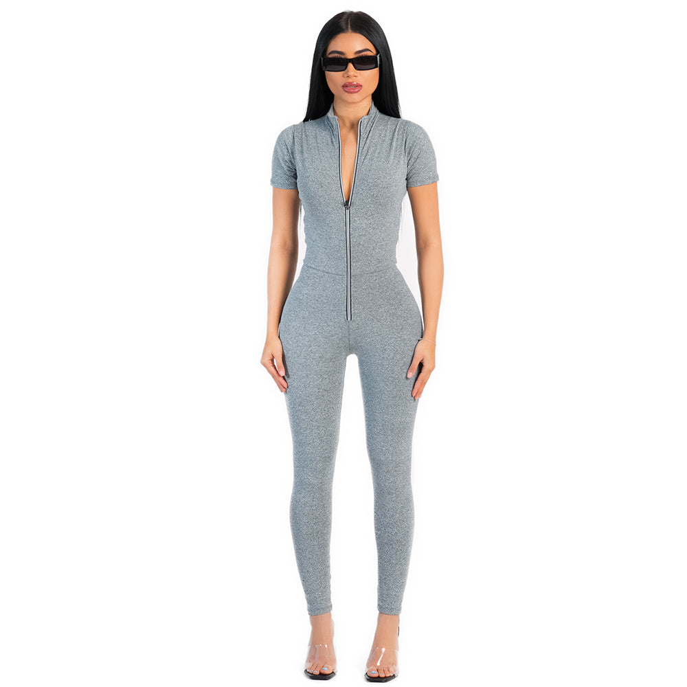 Sculpting Jumpsuit Short Sleeve w/ Reflective Zipper - Grey